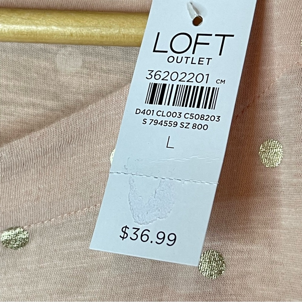 ❌SOLD❌NWT LOFT 3/4-Sleeve Boatneck Cotton T, Peach w/ Gold Metallic Polk-Dot - Picture 5 of 6